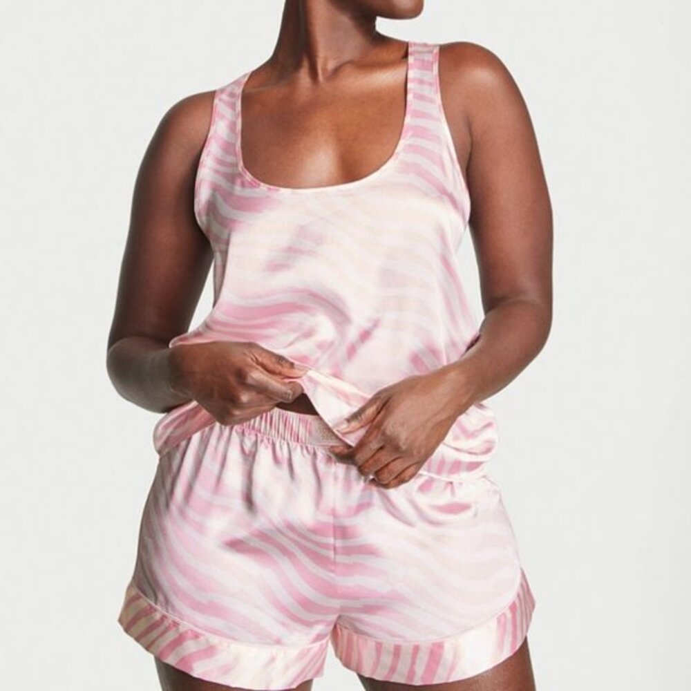 VICTORIA'S SECRET Pink Zebra Pajama Set Satin Racerback Tank‎ & Short Large